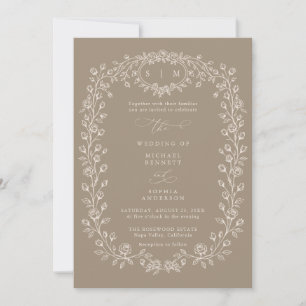 Invitación de boda de arte de línea floral en beig