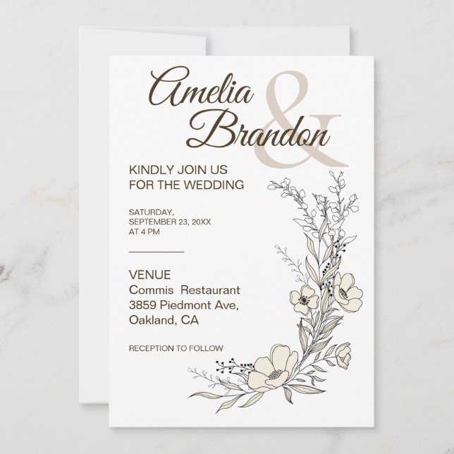 Invitación de boda de arte de línea floral minimal (Anverso)