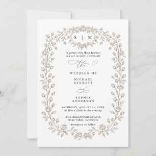 Invitación de boda de arte de línea floral taupe