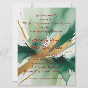 Invitación de boda de arte moderno dorado y verde