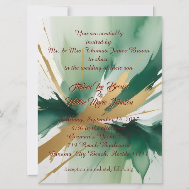 Invitación de boda de arte moderno dorado y verde (Anverso)
