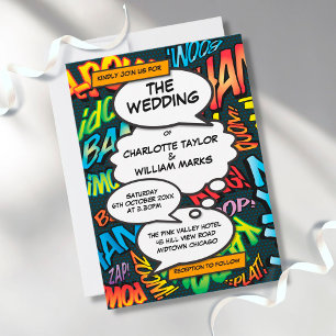Invitación de boda de arte pop de cómic