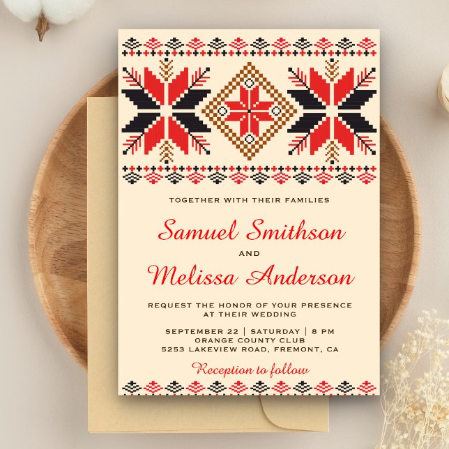 Invitación de boda de arte popular con tejido rojo (Subido por el creador)