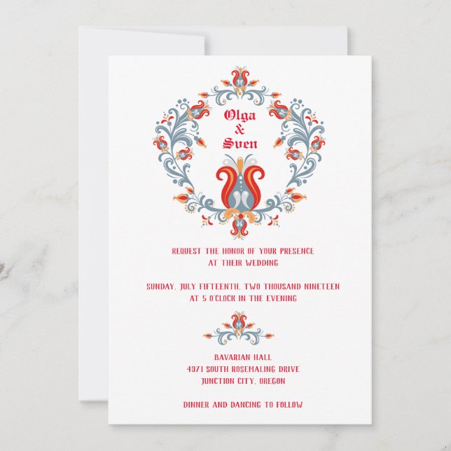 Invitación de Boda de Arte Popular Escandinavo Roj (Anverso)