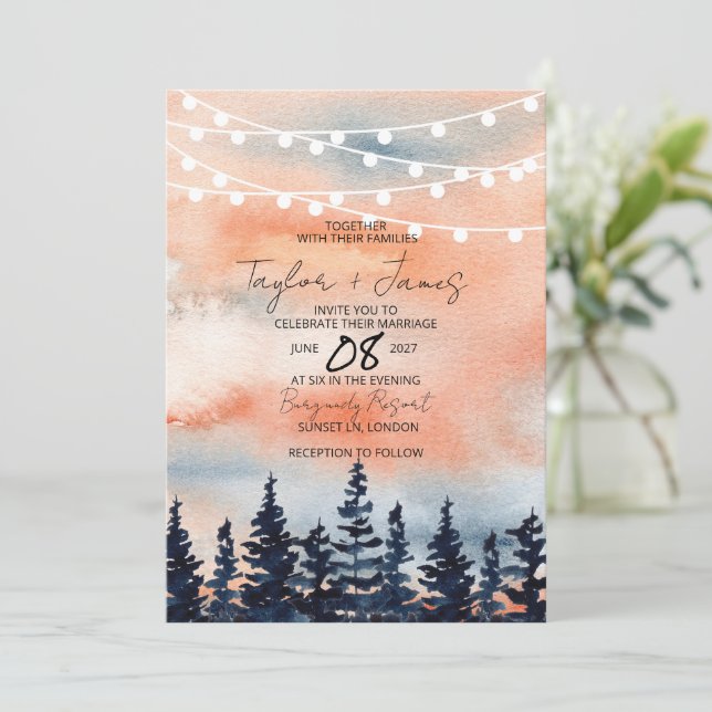 Invitación de Boda de Atardecer y Bosque de Pinos (Anverso de pie)