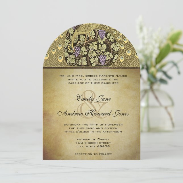 Invitación de boda de aves de pavo real Art Nouvea (Anverso de pie)