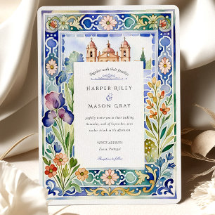 Invitación de boda de azulejos portugueses y flora