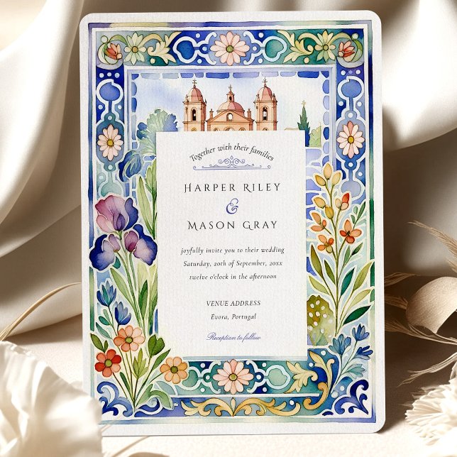 Invitación de boda de azulejos portugueses y flora (Subido por el creador)