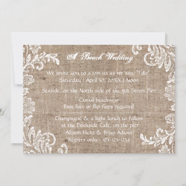 Invitación de boda de Beach Burlap & Lace (Anverso)