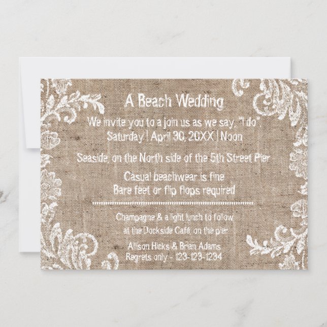 Invitación de boda de Beach Burlap & Lace (Anverso)