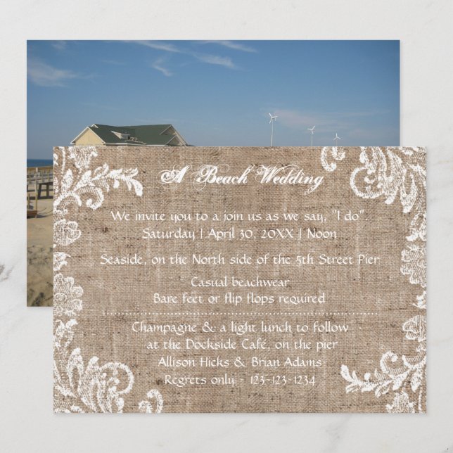 Invitación de boda de Beach Burlap & Lace (Anverso / Reverso)