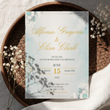 Invitación de boda de belleza de flor azul y blanc