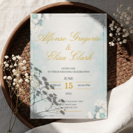 Invitación de boda de belleza de flor azul y blanc