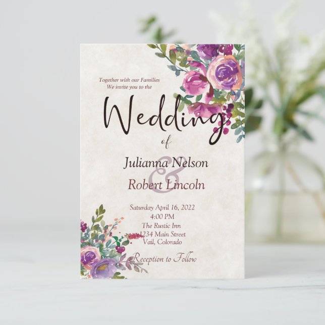 Invitación de boda de berenjena con acuarela púrpu (Anverso de pie)