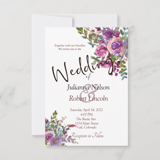 Invitación de boda de berenjenas color púrpura y r (Anverso)