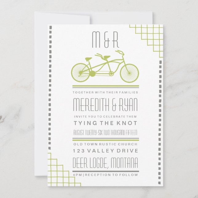 INVITACIÓN DE BODA DE BICICLETAS GRIS Y LIME HIPST (Anverso)
