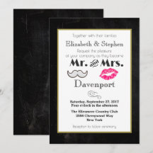 Invitación de boda de bigote y labios sobre negro