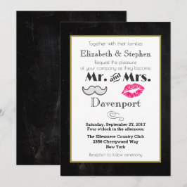 Invitación de boda de bigote y labios sobre negro