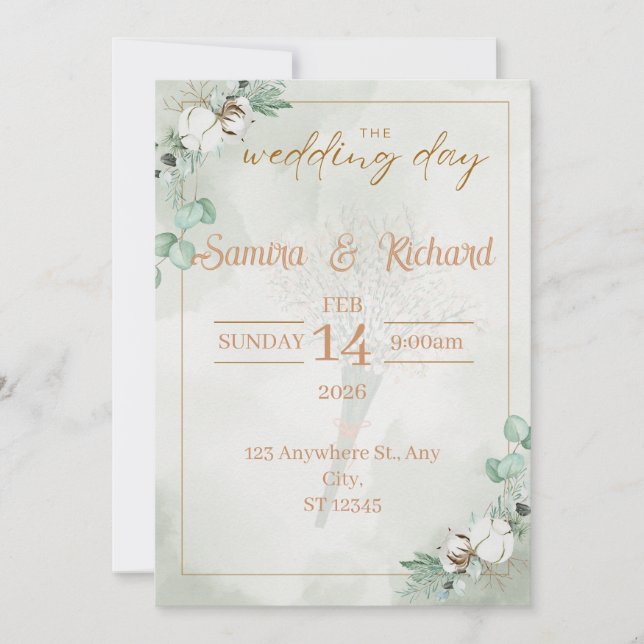 Invitación de boda de boho eucalipto y algodón (Anverso)