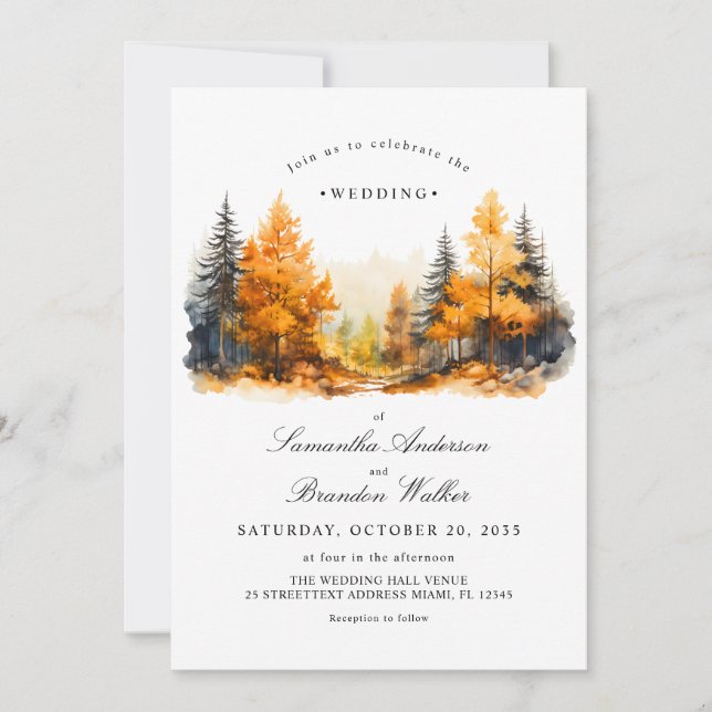 Invitación de boda de bosque otoñal, pinos (Anverso)