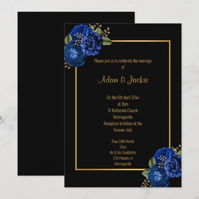 INVITACIÓN DE BODA DE BOUQUET DE ORO AZUL REAL (Anverso / Reverso)