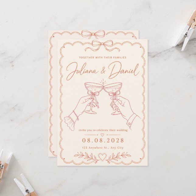 Invitación de boda de brindis de terracota minimal (Anverso/Reverso In Situ)