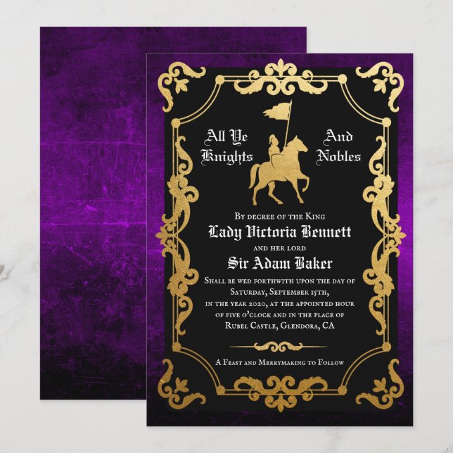 Invitación de boda de caballero medieval justando (Anverso / Reverso)