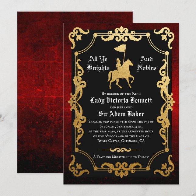 Invitación de boda de caballero medieval justando (Anverso / Reverso)
