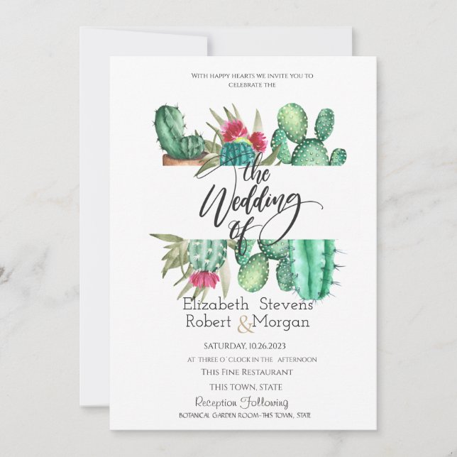 Invitación de boda de cactus con acuarela capricho (Anverso)