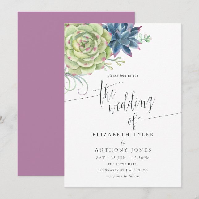 Invitación de boda de cactus con acuarela y sucule (Anverso / Reverso)