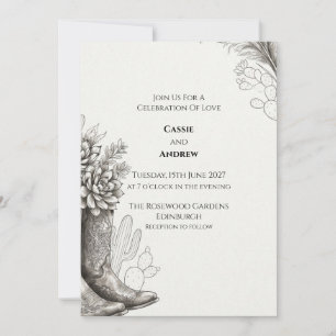 Invitación de boda de cactus con bota de vaquero o