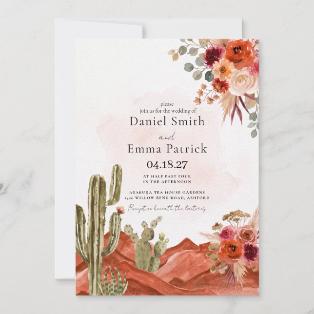 Invitación de boda de cactus del desierto boho (Anverso)
