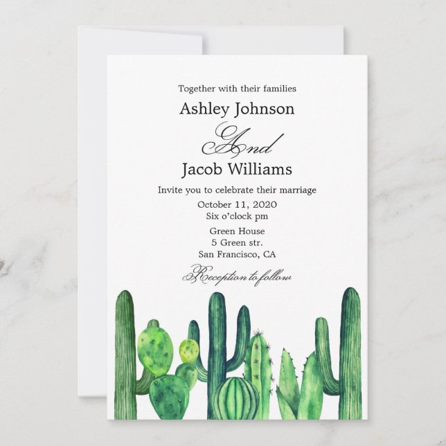 Invitación de boda de cactus. Invitación moderna d (Anverso)