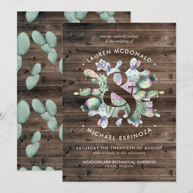 Invitación de boda de cactus rústico y madera de g (Anverso / Reverso)