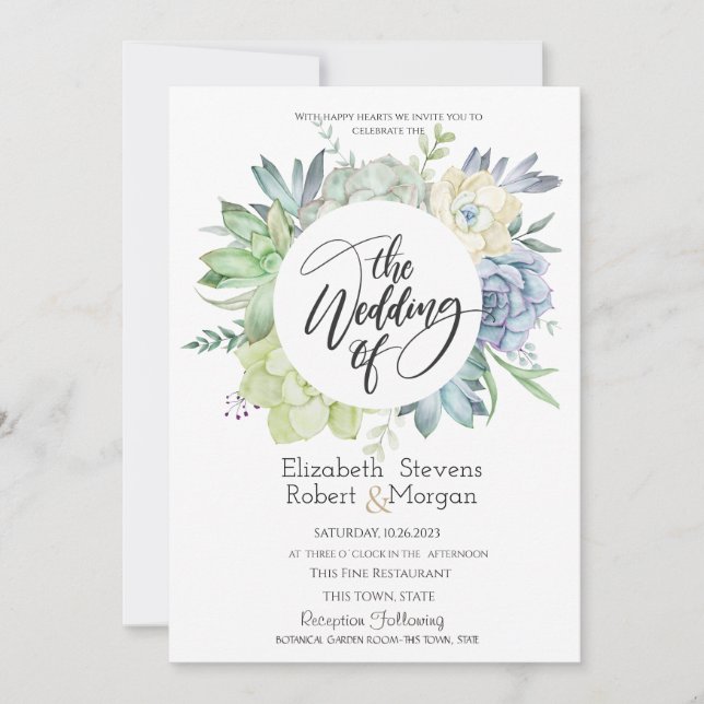 Invitación de Boda de Cactus Suculentas con Acuare (Anverso)