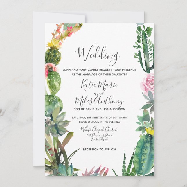 Invitación de boda de cactus suculento simple mode (Anverso)