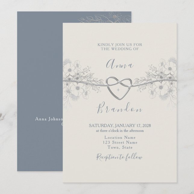 Invitación de boda de caligrafía azul polvoriento (Anverso / Reverso)