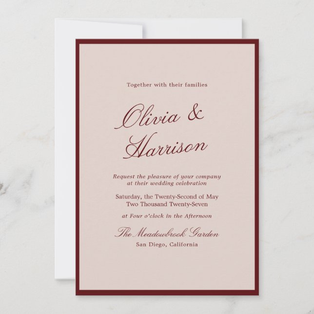 Invitación de boda de caligrafía de vino profundo  (Anverso)