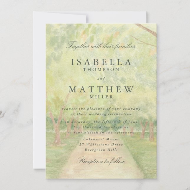Invitación de boda de camino forestal acuarela (Anverso)