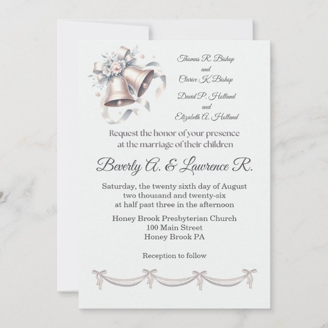 Invitación de boda de campanas grises y rosadas (Anverso)