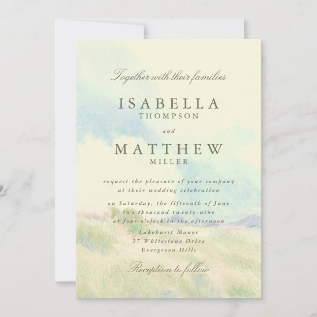 Invitación de boda de campo con acuarela pastel (Anverso)