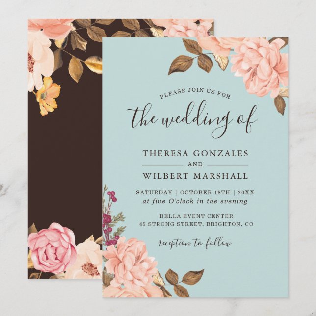Invitación de boda de campo francés en azul polvor (Anverso / Reverso)