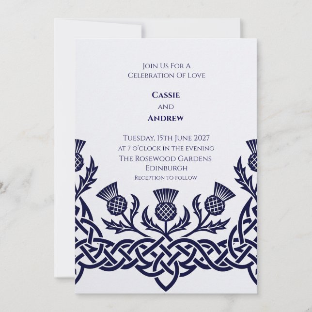 Invitación de boda de cardo celta azul (Anverso)