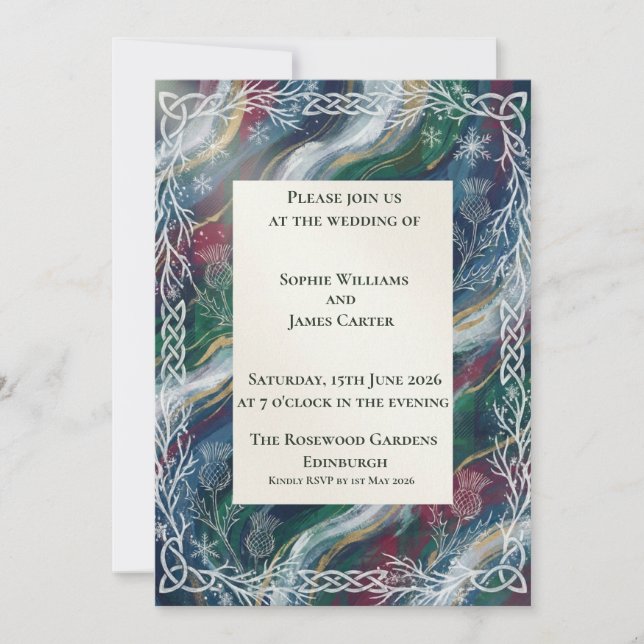Invitación de boda de cardo celta de medianoche (Anverso)