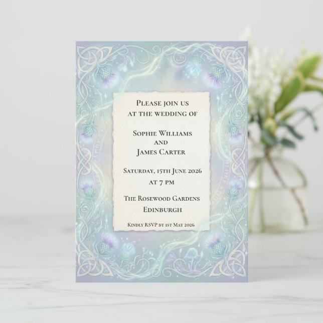 Invitación de boda de cardo celta etéreo (Anverso de pie)