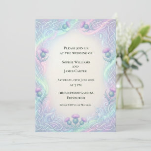 Invitación de boda de cardo celta iridiscente