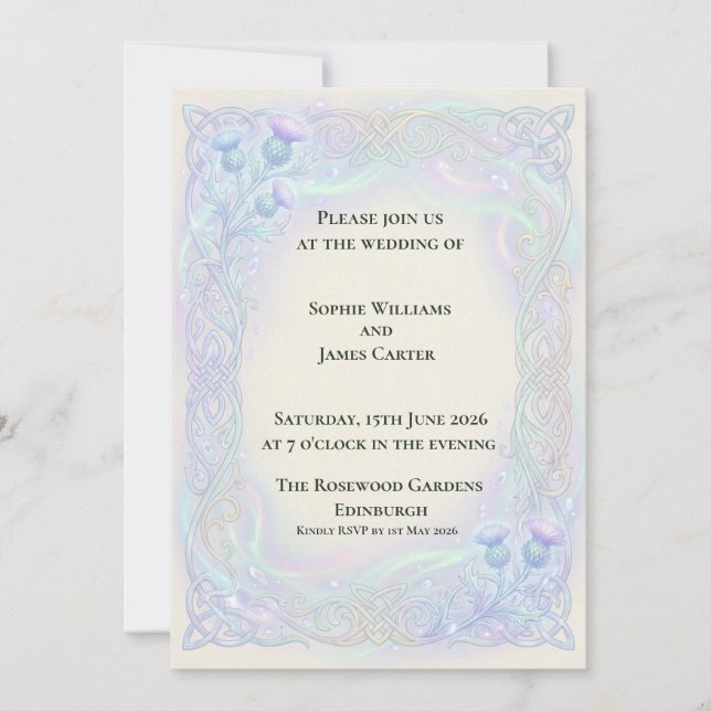Invitación de boda de Cardo celta iridiscente (Anverso)