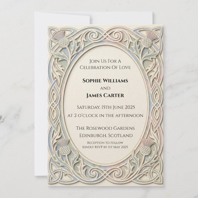 Invitación de boda de cardo celta marfil (Anverso)