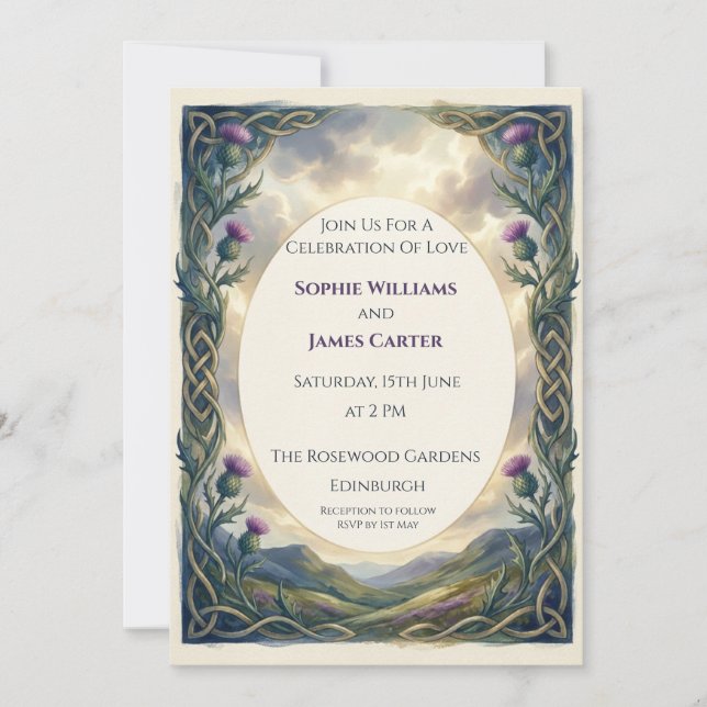 Invitación de boda de cardo celta púrpura (Anverso)