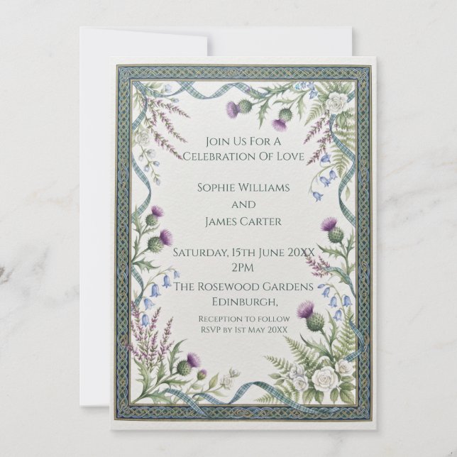 Invitación de boda de cardo celta verde (Anverso)